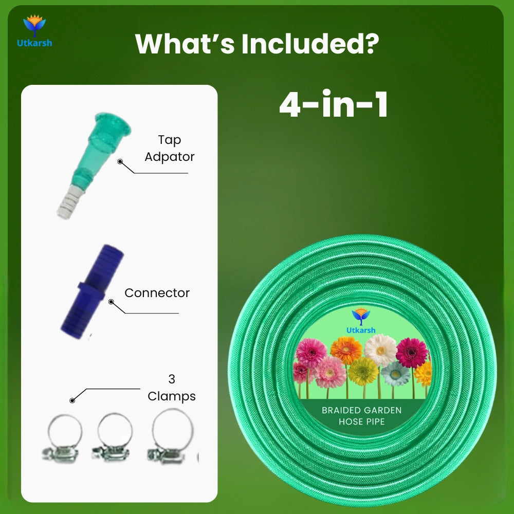 Heavy Duty PVC Braided Green Water Hose Pipe - 0.5 inch Diameter, with 1 Tap Adapter, Connector & 3 Clamps for Garden, Car Wash, Floor Clean, Pet Bath, Easy to Use Indoor/Outdoor