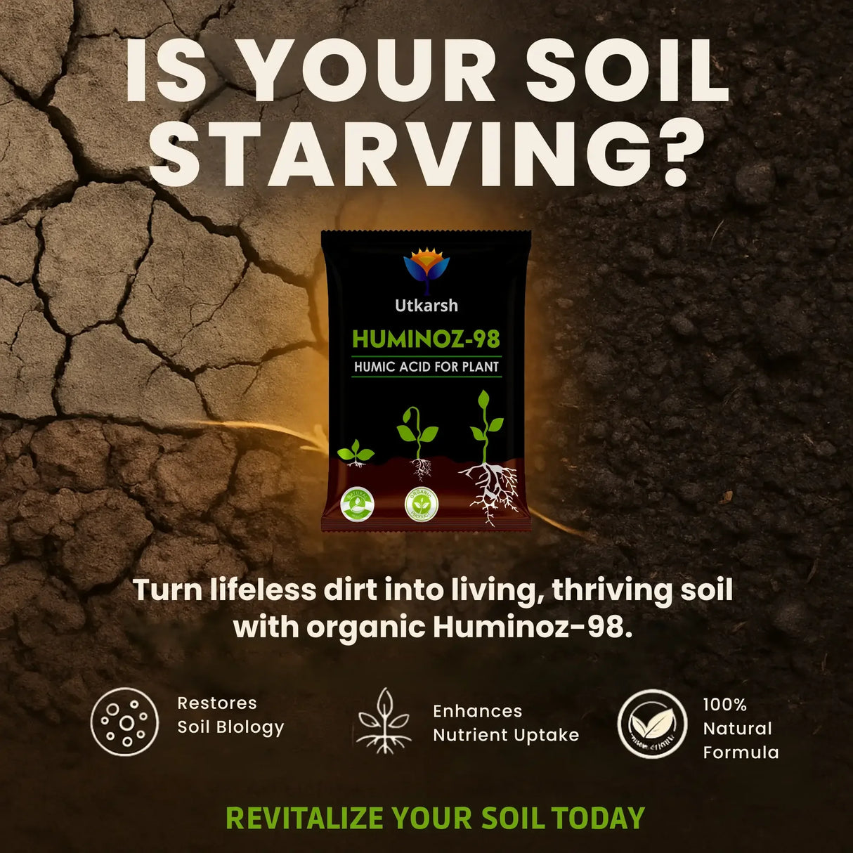 Utkarsh Huminoz-98 Humic Acid (98%) for Plants | Fertilizer for Potted Plants, Home Garden, Growth Enhancer, Soil Conditioner, Improves Root System - Utkarsh Agrochem Pvt ltd. 