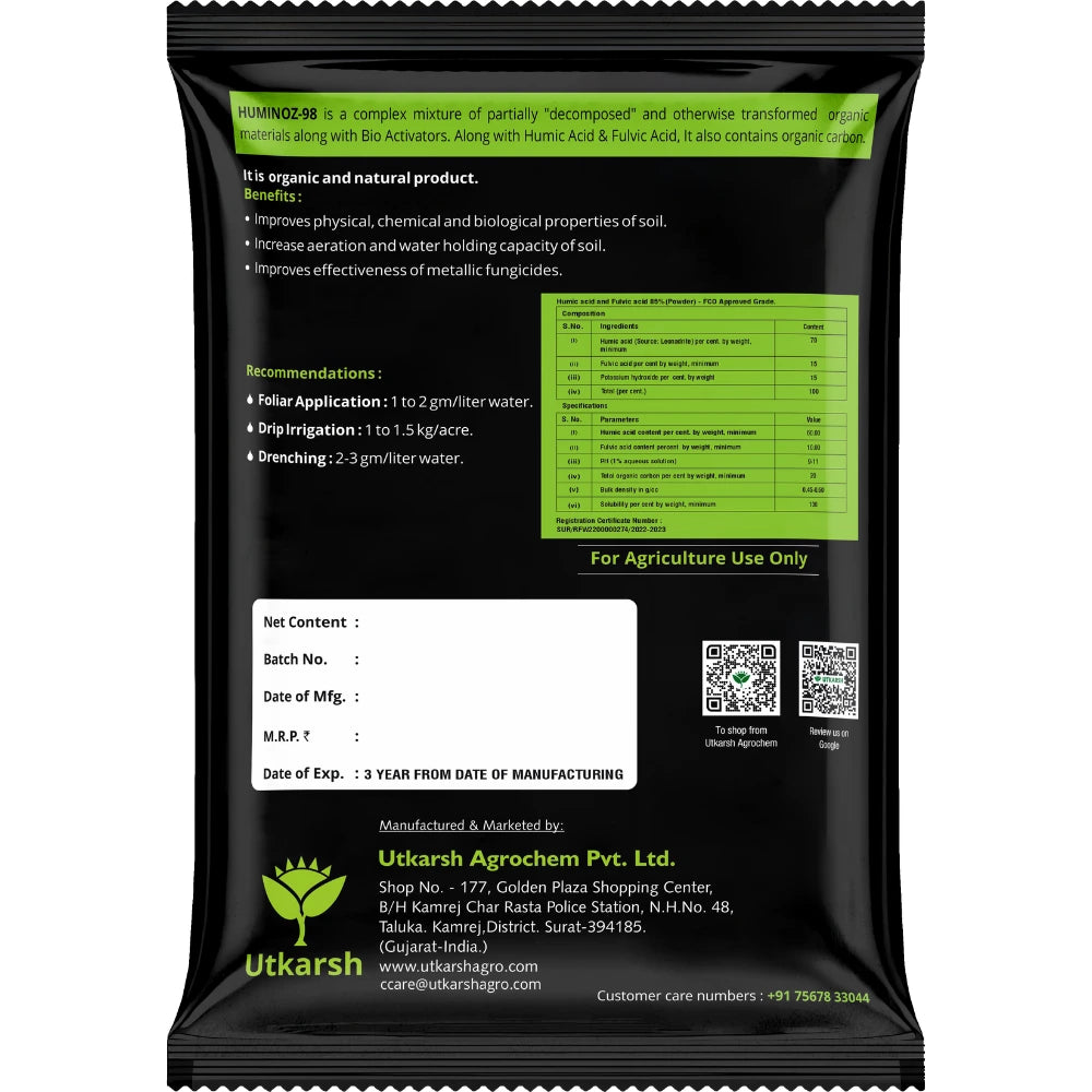 Utkarsh Huminoz-98 Humic Acid (98%) for Plants | Fertilizer for Potted Plants, Home Garden, Growth Enhancer, Soil Conditioner, Improves Root System