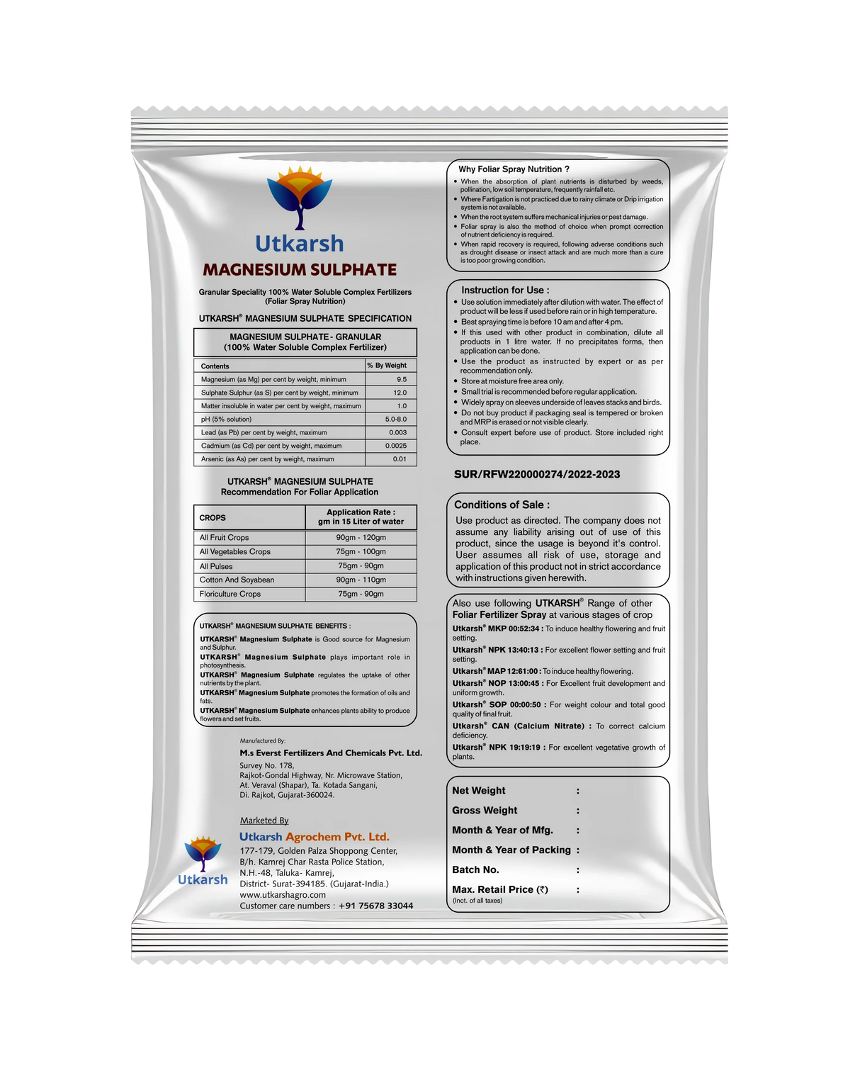 Epsom Salt - Magnesium Sulphate for Plants Growth and Home Garden | 100% Water Soluble Fertilizer | Enhances Photosynthesis & Nutrient Uptake - Utkarsh Agrochem Pvt ltd. 