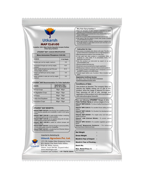 MAP 12 61 00 - Mono Ammonium Phosphate, NPK Fertilizers for Plants Growth & Home Garden | 100% Water Soluble Powder, Foliar Spray Nutrition - Utkarsh Agrochem Pvt ltd. 