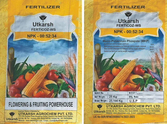 MKP 00 52 34 - Mono Potassium Phosphate, 100% Water Soluble Foliar Spray Nutrition | NPK Fertilizers for Growth, Flowering & Fruiting in Plants, Home Garden - 25 Kg Bag - Utkarsh Agrochem Pvt ltd. 