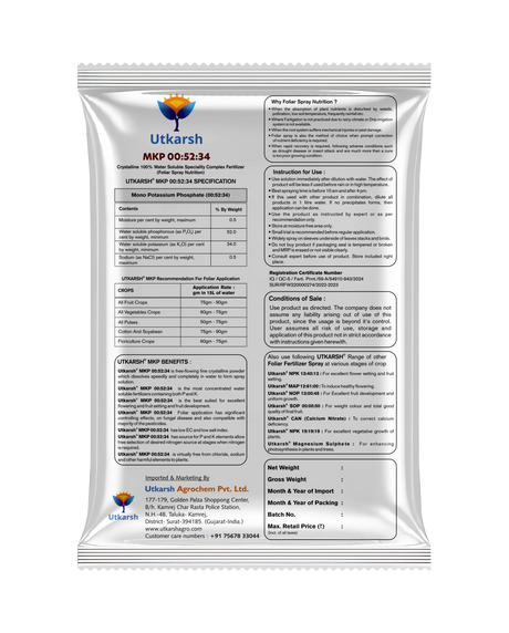 MKP 00 52 34 - Mono Potassium Phosphate, 100% Water Soluble Foliar Spray Nutrition | NPK Fertilizers for Growth, Flowering & Fruiting in Plants, Home Garden - Utkarsh Agrochem Pvt ltd. 