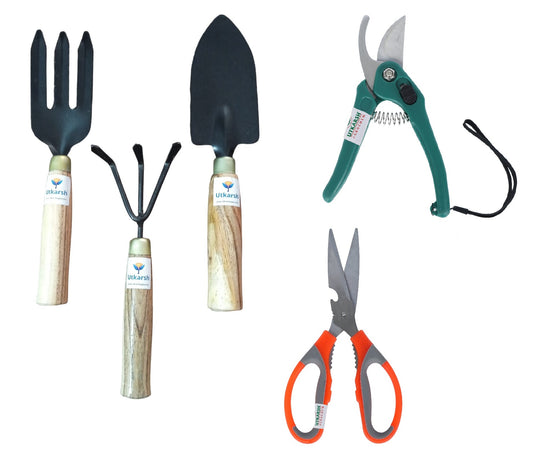 Utkarsh Home Gardening Tools Set- Mini Garden Tools Set (Cultivator, Fork, Trowel), Pruner Cutters & Multi-Functional Scissors - Combo of 5 | Portable Kit for Pruning, Digging Planting, Transplanting