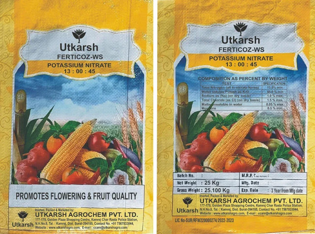 NOP 13 00 45 - Potassium Nitrate, NPK Fertilizers for Plants Growth & Healthy Home Garden | 100% Water Soluble Powder, Growth Boost for Fruits and Flowers - 25 Kg Bag - Utkarsh Agrochem Pvt ltd. 