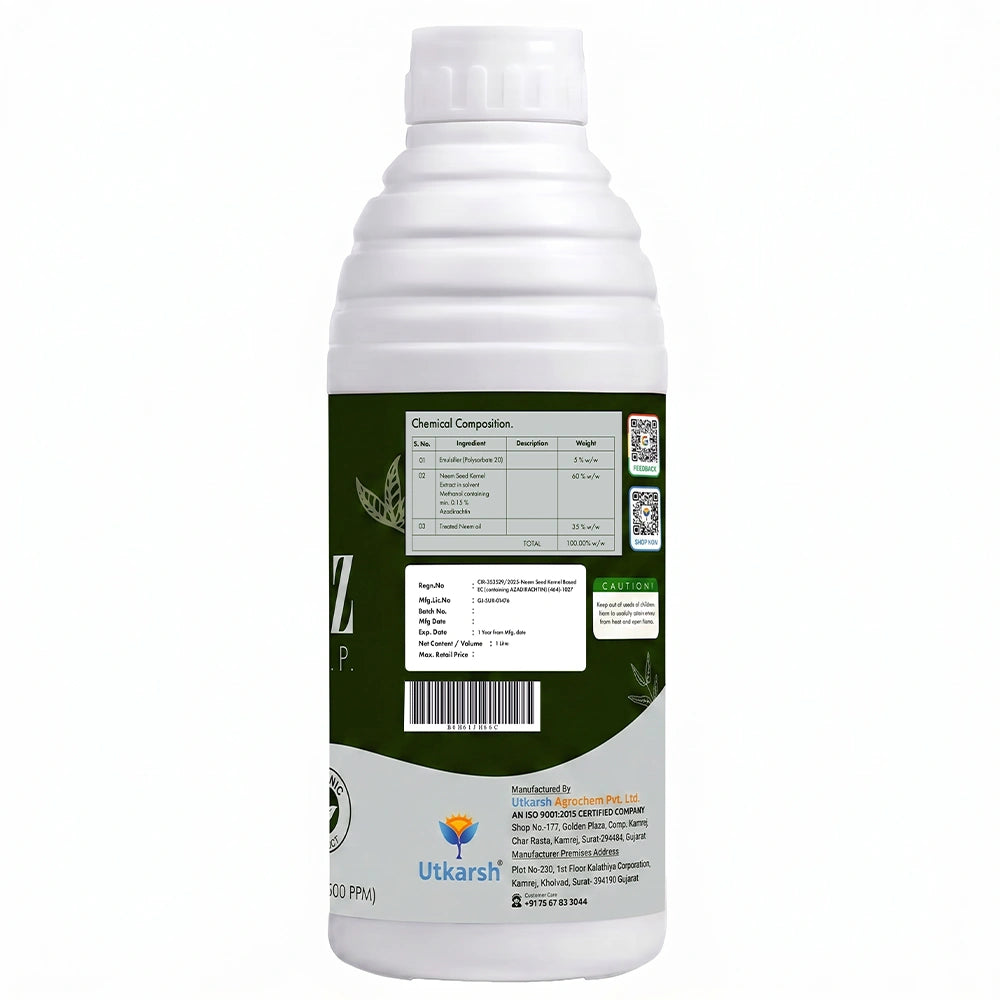 Neemoz - CP Cold Pressed Neem Oil | 1500 PPM Azadirachtin EC 0.15% W/W Organic Bio-Insecticide | Effective Broad-Spectrum Pest Control for Vegetables, Fruits, Cotton, Rice & Plants