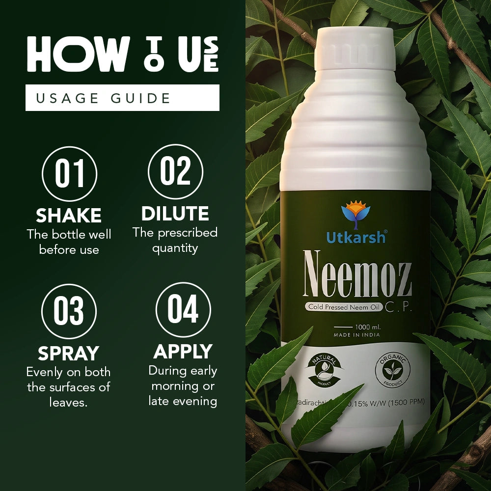 Neemoz - CP Cold Pressed Neem Oil | 1500 PPM Azadirachtin EC 0.15% W/W Organic Bio-Insecticide | Effective Broad-Spectrum Pest Control for Vegetables, Fruits, Cotton, Rice & Plants