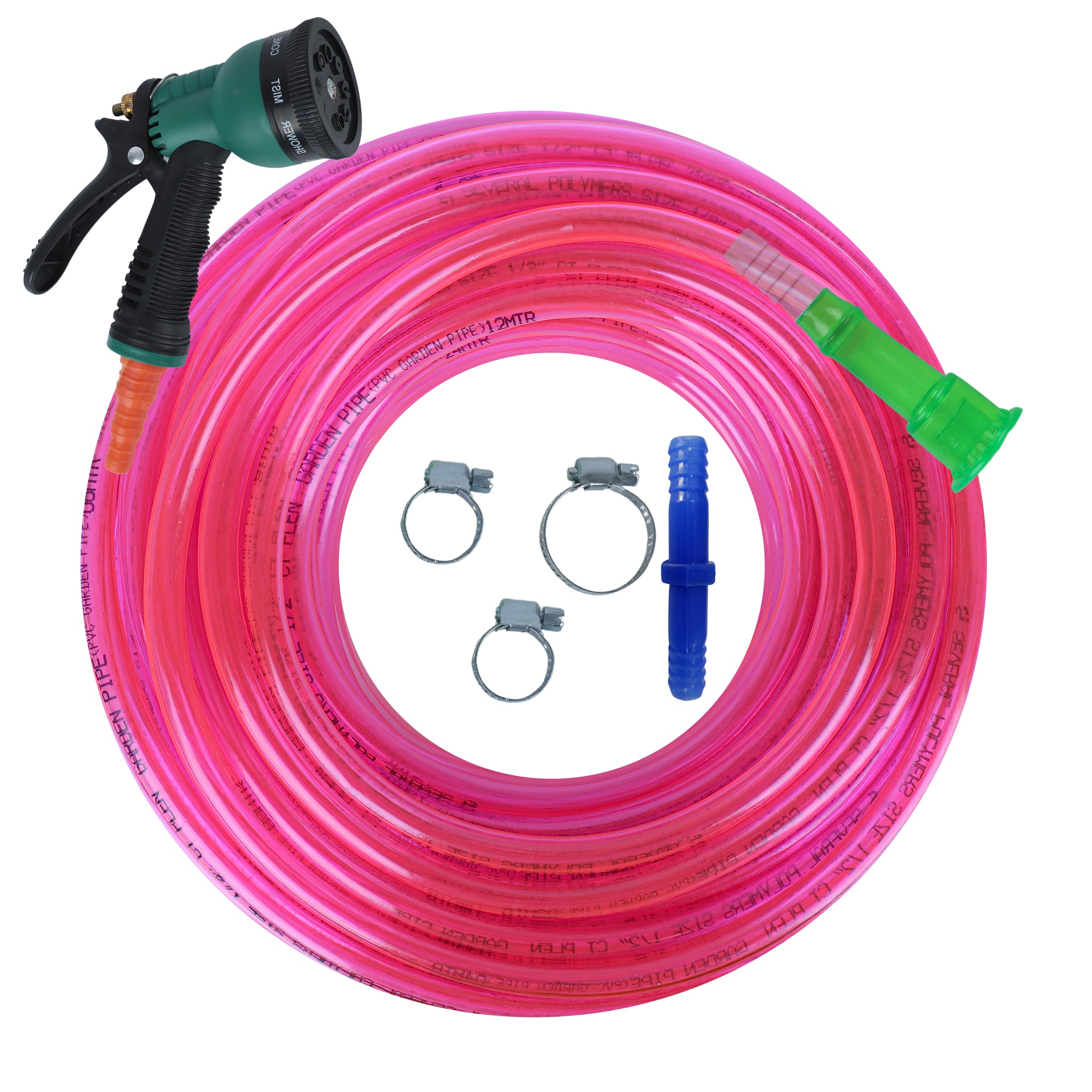 Utkarsh PVC Colour Transparent Garden Water Hose Pipe (Size: 1/2") with 8 Pattern Nozzle Sprayer, 1 Tap Adapter, Connector & 3 Clamps for Garden, Car Wash, Floor Clean, Pet Bath, Easy to Connect Indoor/Outdoor Use (Multicolour)