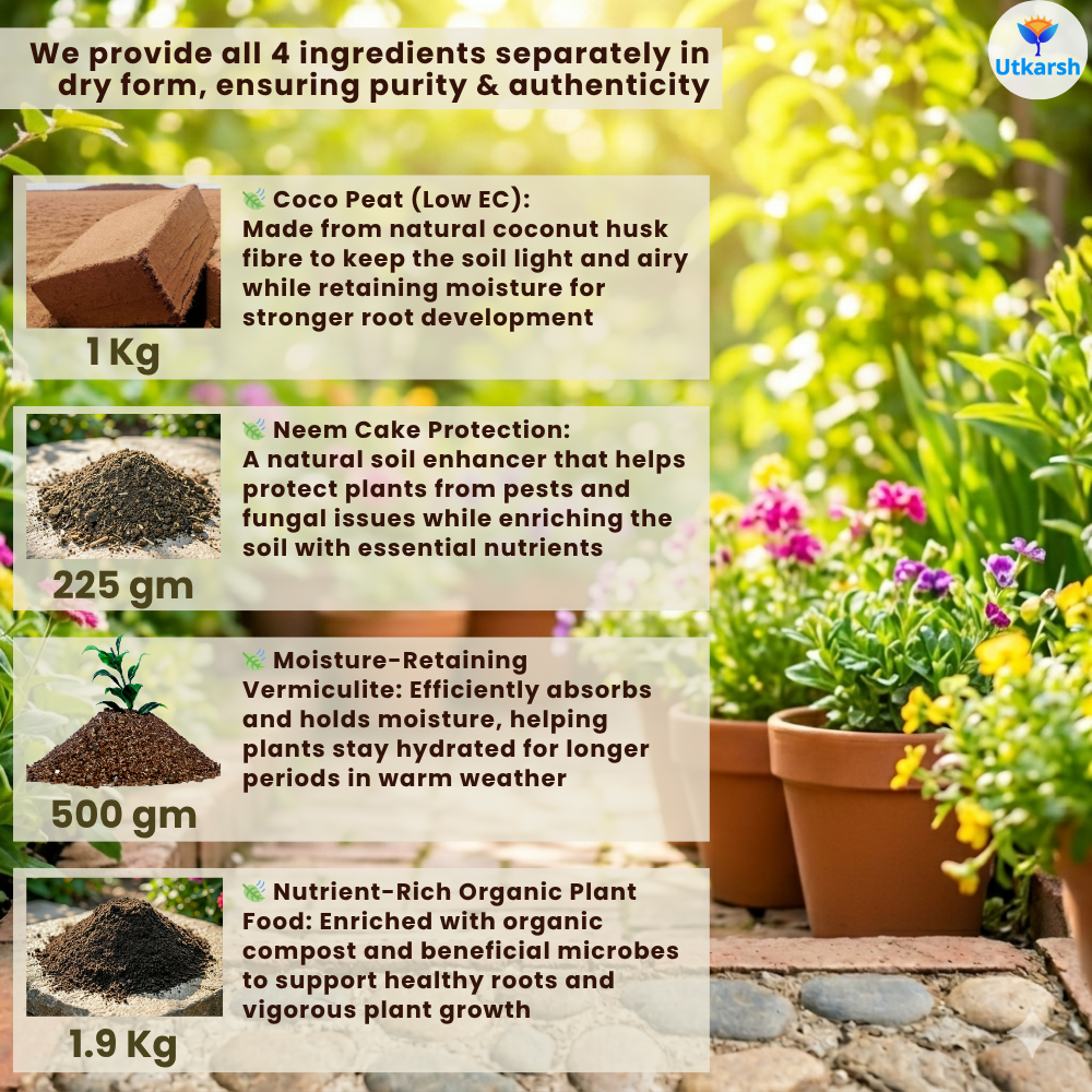Utkarsh 4-in-1 Soil Less Potting Mixture (3.65Kg) - Cocopeat, Exfoliated Vermiculite, Neem Khad, Organic Plant Food | Makes 10 Kg of Fluffy Soil for Plants Home Garden | Potting Soil Mix for Plants