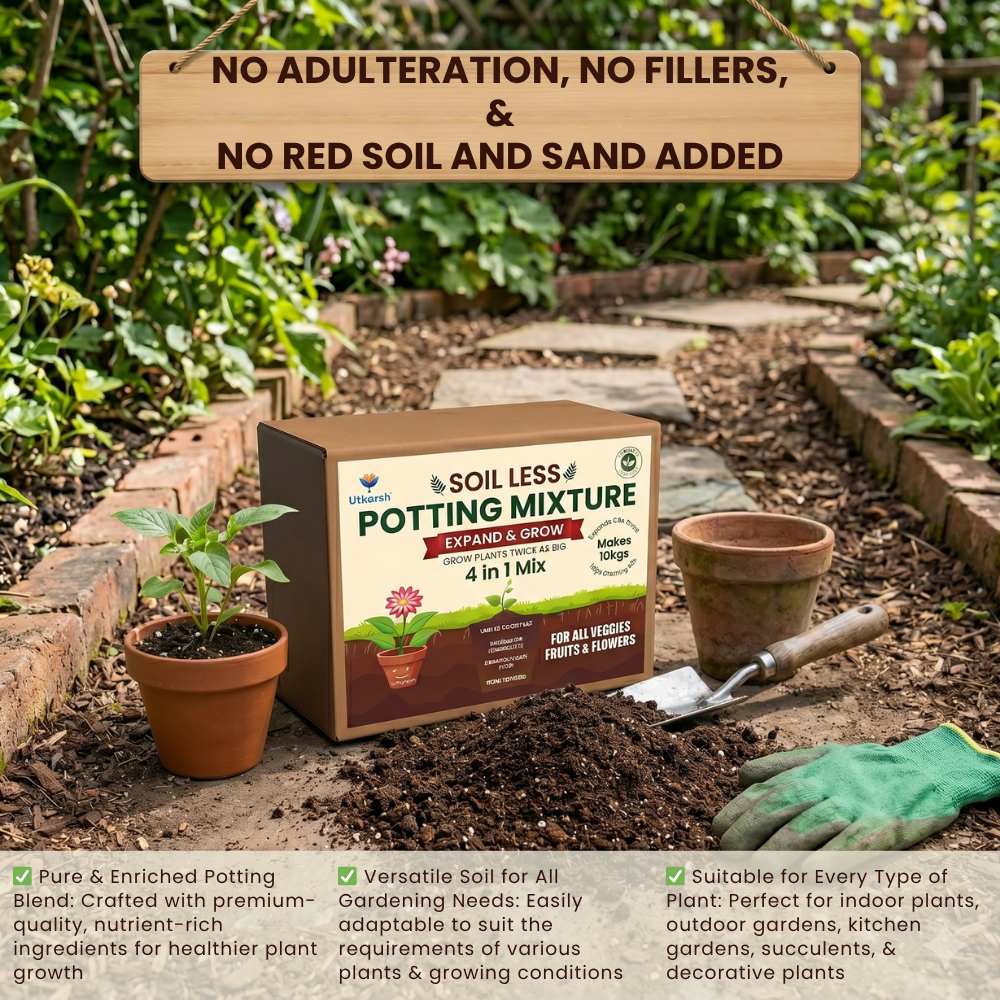 Utkarsh 4-in-1 Soil Less Potting Mixture (3.65Kg) - Cocopeat, Exfoliated Vermiculite, Neem Khad, Organic Plant Food | Makes 10 Kg of Fluffy Soil for Plants Home Garden | Potting Soil Mix for Plants