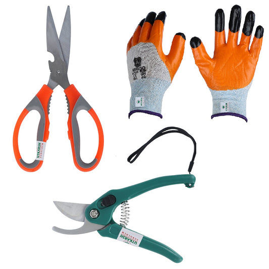 Utkarsh Garden Pruner Cutters, Garden Scissors & Gloves | Plant Branch Cutting Scissors for Gardening | Garden Plant Cutter Tools & Pruning Accessories | Tools for Home Garden | Set of 3 Items
