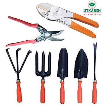Utkarsh Garden Bypass Pruner Cutters, Anvil Roll-Cut Pruner Secateurs, Garden Tools (Set of 5-Big and Small Hand Trowels, Hand i-Weeder, Hand Cultivator, Hand Fork)|Handy Tools for Indoor/Outdoor Gardens, Small Farms|Set of 7 Tools