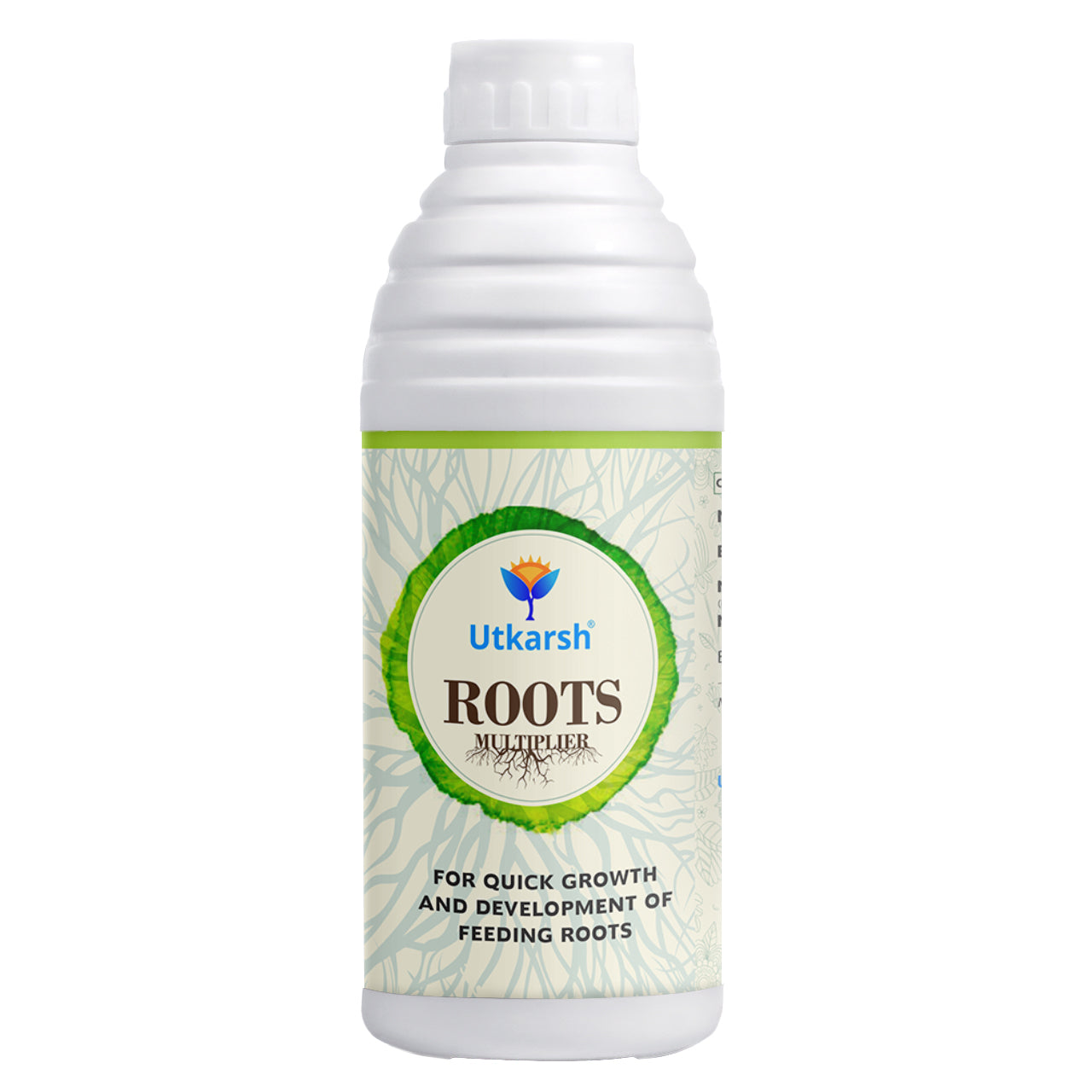 White bottle of Utkarsh Roots Multiplier with green accents, featuring plant roots graphic. Label text promotes growth and root development.