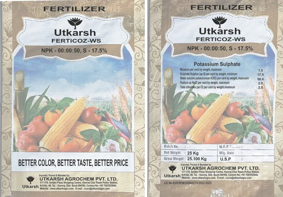 SOP 00 00 50 - Potassium Sulphate for Plants Growth, 100% Water Soluble Powder, Foliar Spray Nutrition | NPK Fertilizers for Home Garden & Crops - 25 Kg Bag - Utkarsh Agrochem Pvt ltd. 