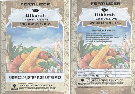 SOP 00 00 50 - Potassium Sulphate for Plants Growth, 100% Water Soluble Powder, Foliar Spray Nutrition | NPK Fertilizers for Home Garden & Crops - 25 Kg Bag - Utkarsh Agrochem Pvt ltd. 