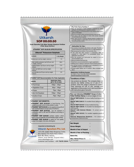 SOP 00 00 50 - Potassium Sulphate for Plants Growth, 100% Water Soluble Powder, Foliar Spray Nutrition | NPK Fertilizers for Home Garden & Crops - Utkarsh Agrochem Pvt ltd. 