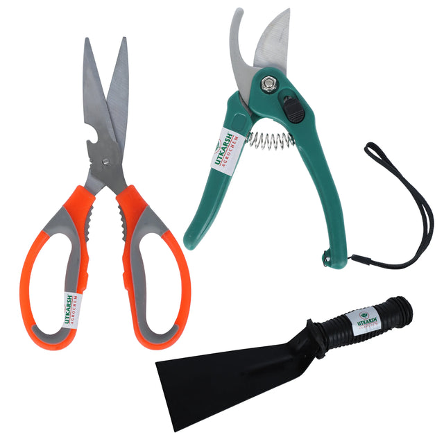 3 Inch Khurpi, Garden Scissors & Pruner Cutters - 3 PCs Tool Kit | Khurpi for Soil Tilling, Digging | Plant, Stem, Branch Cutters for Home Garden | Gardening Accessories Combo - Utkarsh Agrochem Pvt ltd. 