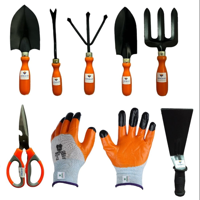 Utkarsh 3 Inch Khurpi, Scissors, Gloves, Big & Small Hand Trowels, i Weeder, Cultivator, Fork for Indoor/Outdoor Gardening Tools Kit | Durable Gardening Tools Set for Home Garden - Pack of 8 Tools