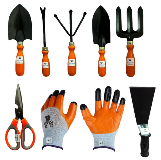 3 Inch Khurpi, Scissors, Gloves, Big & Small Hand Trowels, Weeder, Cultivator, Fork- 8 Pc