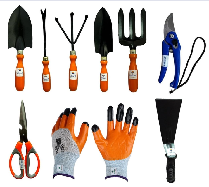 Utkarsh 3" Khurpi, Scissors, Pruner Cutters, Gloves, Garden Tools(Set of 5-Big & Small Hand Trowels, Hand i-Weeder, Hand Cultivator, Hand Fork)|Soil Tilling, Cutting, Pruning, Digging|Handy Tools for Indoor/Outdoor Gardens, Small Farms|Set of 9 Items