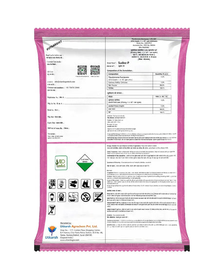 Pseudomonas Fluorescens 1.0% W.P. CFU Count: 1 x 10^8 / gm. min. Bio Fungicides for Plants, Crops and Home Gardening - Sudoz-P - Utkarsh Agrochem Pvt ltd. 