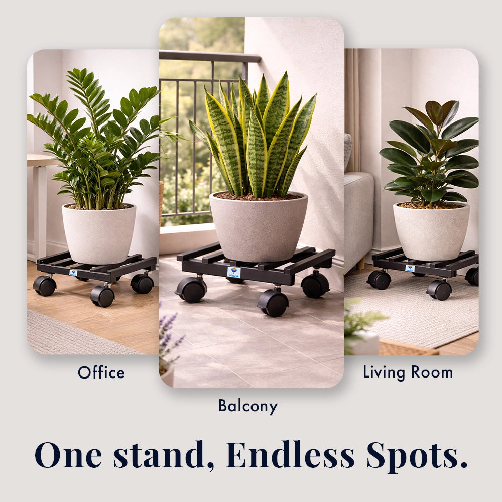 Metal Plant Stand with Wheels | Heavy Duty Pot Holder For Home, Balcony & Garden | Square Metal Flower Pot Trolley For Indoor Outdoor Use | Black