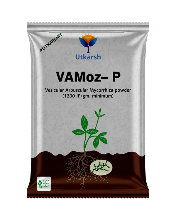 Packaging for "Utkarsht VAMoz-P", a Vesicular Arbuscular Mycorrhiza powder. Displays plant, roots, and "BIO product" label on a silver background.