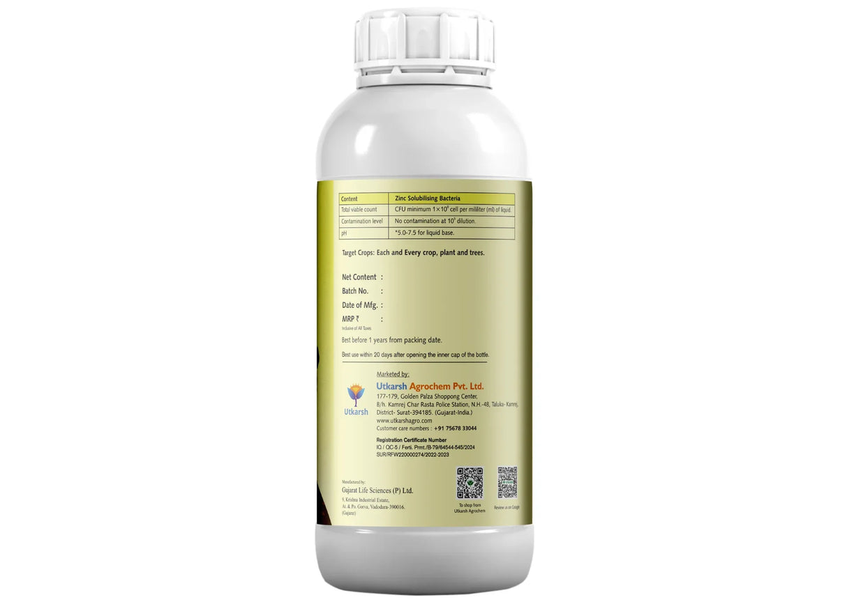 Zinc Solubilizing Microbes, Liquid Bio Fertilizer for Plants Growth, Increases Leaf Size & Promotes Healthy Green Foliage of Plants & Internode Length | Zincoz - Utkarsh Agrochem Pvt ltd. 