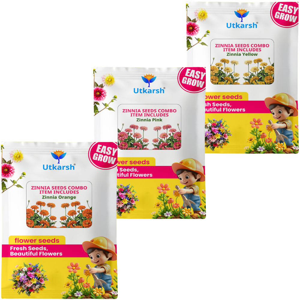 Utkarsh Zinnia Flower Seeds - Combo Pack of 6 | Orange, Yellow, White, Red, Pink & Zinnia Mix | Beautiful Blooms with 90% Germination Rate | Easy-to-Grow Flowers for Vibrant Home Gardens