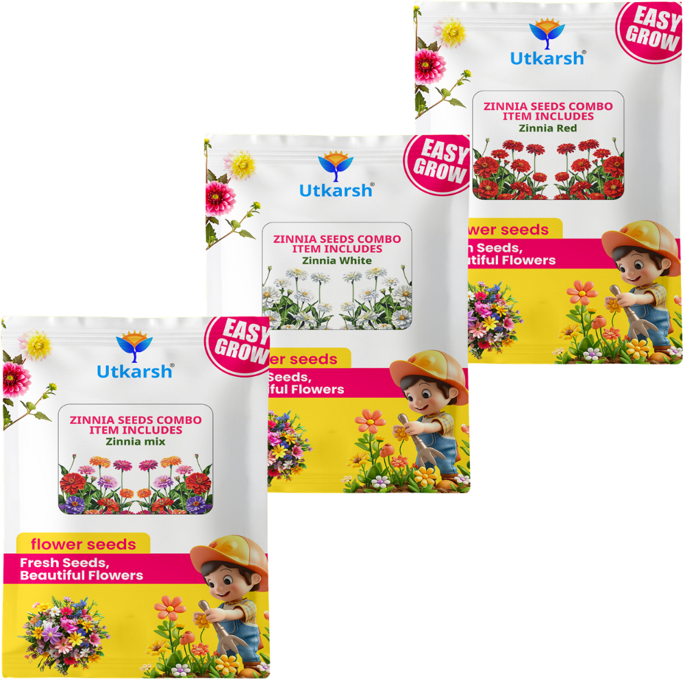 Utkarsh Zinnia Flower Seeds - Combo Pack of 6 | Orange, Yellow, White, Red, Pink & Zinnia Mix | Beautiful Blooms with 90% Germination Rate | Easy-to-Grow Flowers for Vibrant Home Gardens
