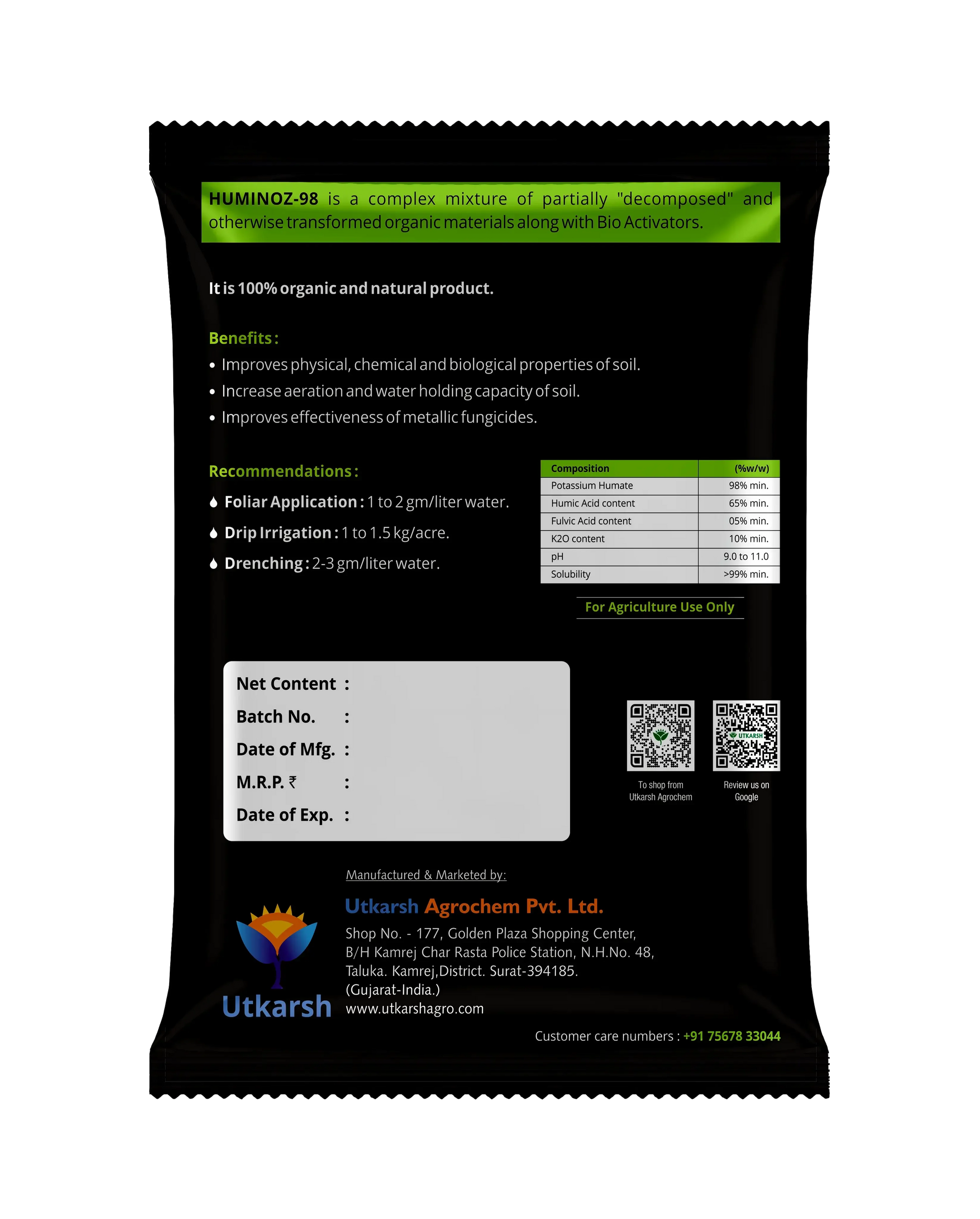 Utkarsh Huminoz-98 Humic Acid (98%) for Plants | Fertilizer for Potted Plants, Home Garden, Growth Enhancer, Soil Conditioner, Improves Root System - Utkarsh Agrochem Pvt ltd. 