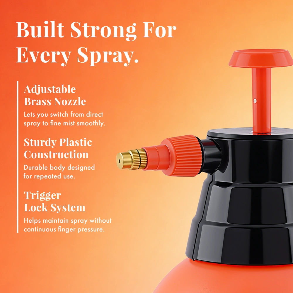 Spray Pump for Plants 2 L - Orange | Garden Sprayer with Adjustable Brass Nozzle | Plastic Water Spray Bottle for Gardening, Car & Bike Wash | Leak-Proof, Easy-Fill Water Sprayer, Pack of 1