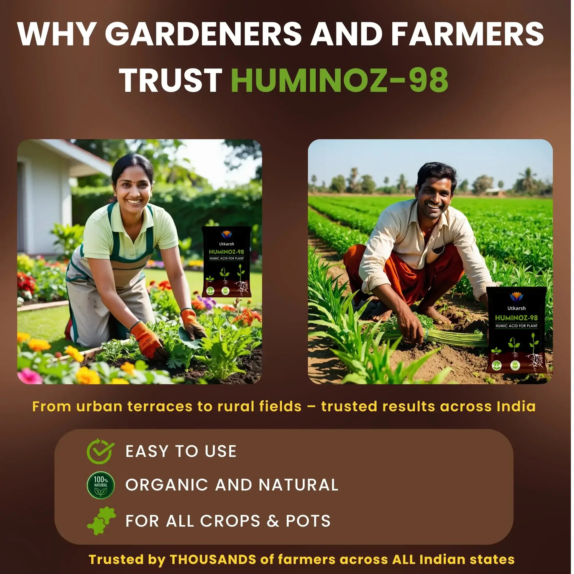 Utkarsh Huminoz-98 Humic Acid (98%) for Plants | Fertilizer for Potted Plants, Home Garden, Growth Enhancer, Soil Conditioner, Improves Root System - Utkarsh Agrochem Pvt ltd. 